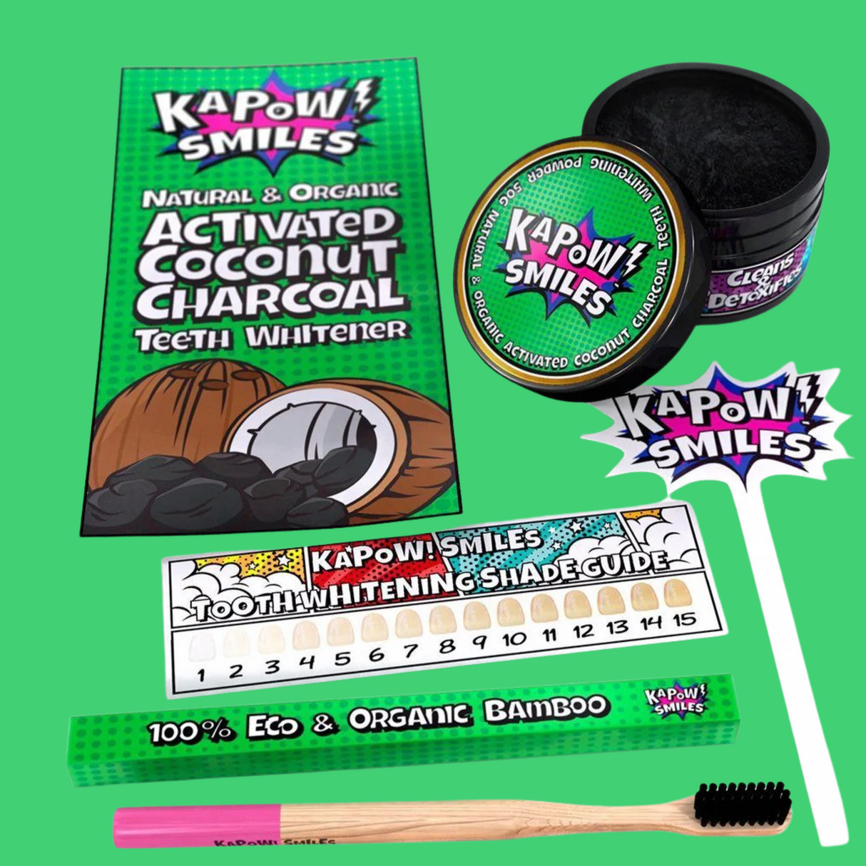 KAPOW! Smiles Coconut Charcoal Polish + Toothbrush (100 Uses) - Whiter Smile
