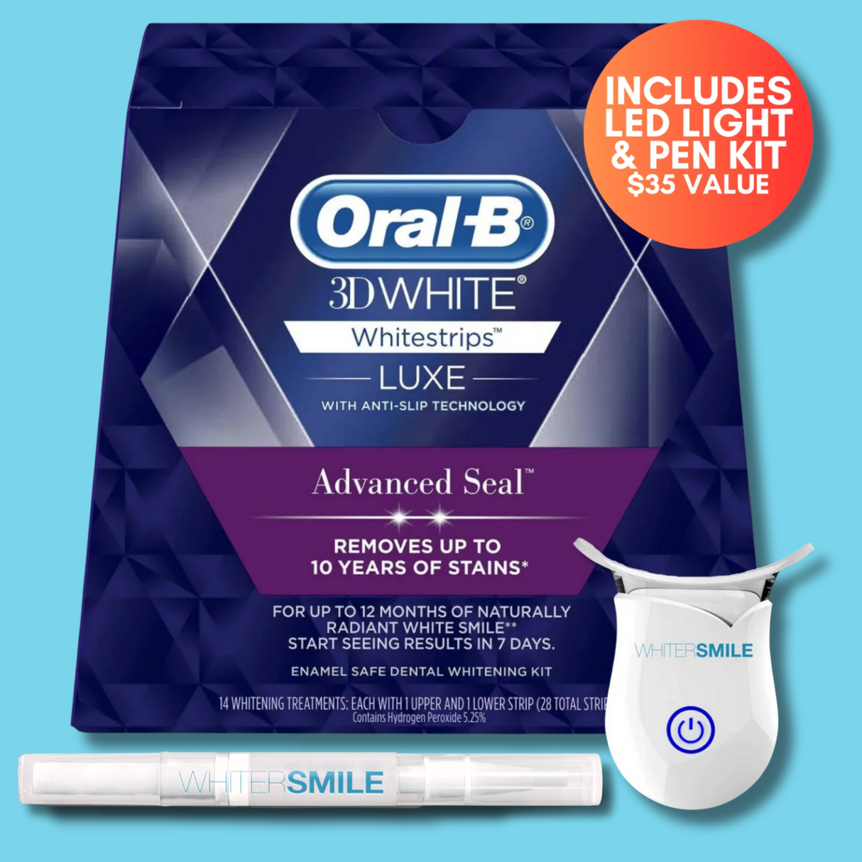 Oral B Whitestrips LUXE 5.25% HP Kit + LED Light & Top Up Pen - Whiter Smile