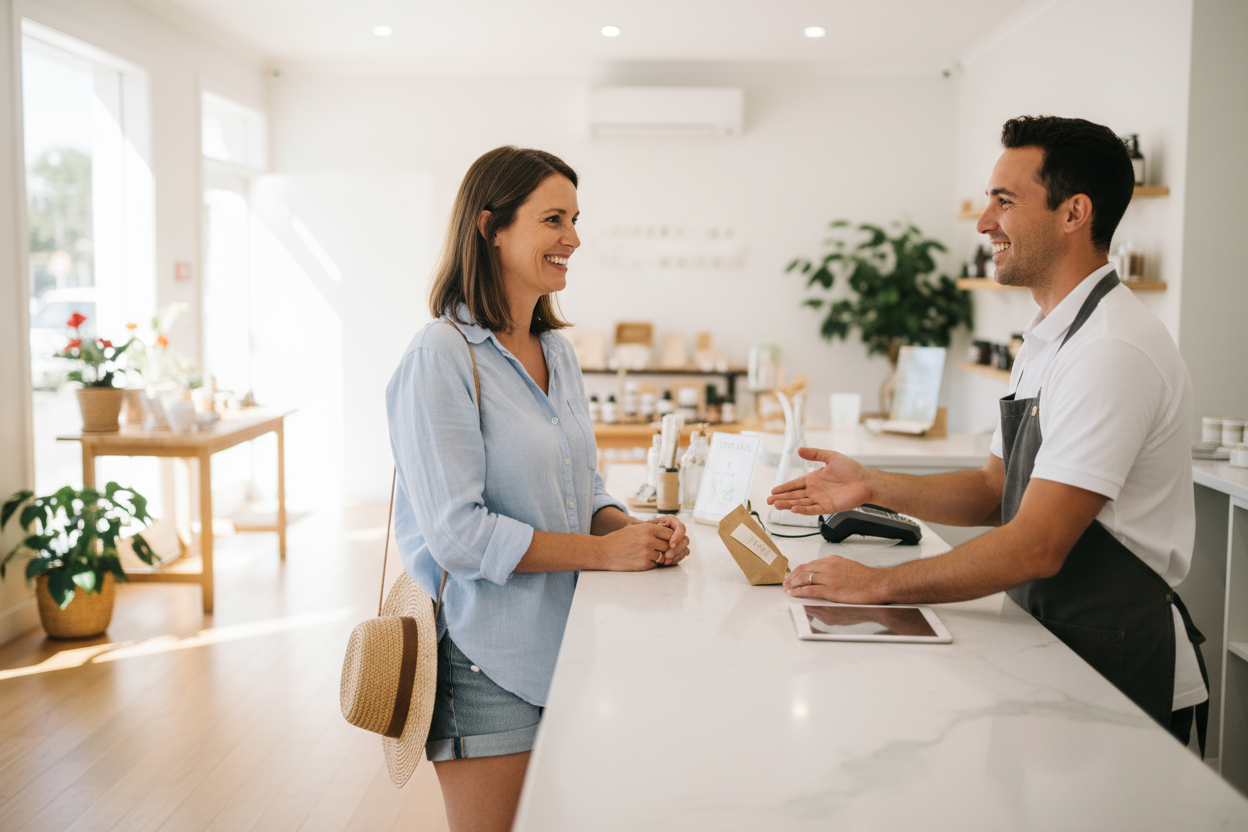 little less smile and not asian at counter