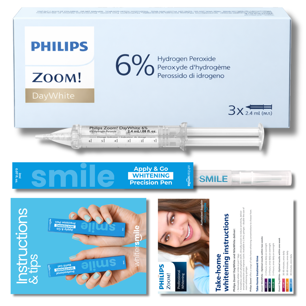 Philips ZOOM! Day White Gel Kit 6% Hydrogen Peroxide 3 x 2.4g Syringes + Teeth Whitening Pen
